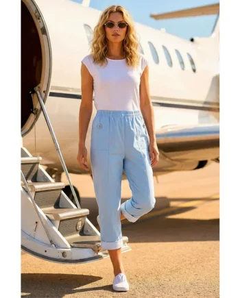 Roman Sky Blue Contrast Detail Cropped Stretch Trousers
