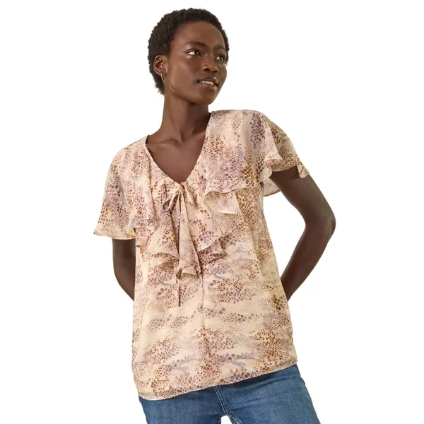 Roman Stone Snake Print Frill Neck Top