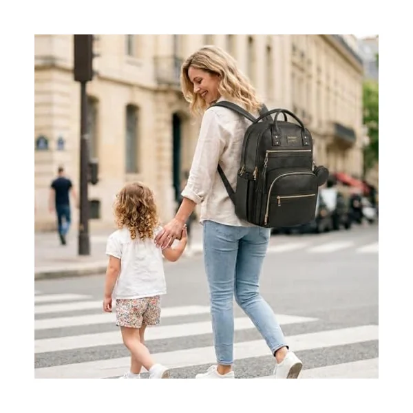 ROSEGIN Vegan Leather Baby Changing Bag Backpack, Large Waterproof Nappy Baby Bag for Mum & Dad – Multifunction Diaper Bag with Changing Mat, Buggy Clips & Dummy Holder, Black