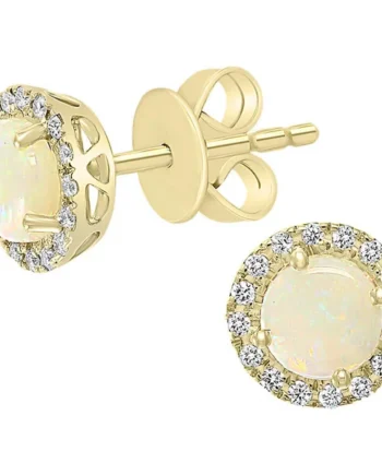Round Cut Australian Opal & 0.12ctw Diamond Earrings, 14ct Yellow Gold