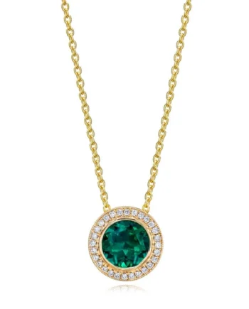 Round Cut Lab Emerald & 0.10ctw Diamond Pendant, 14ct Yellow Gold