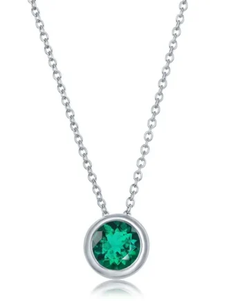Round Cut Lab Emerald Pendant, 14ct White Gold