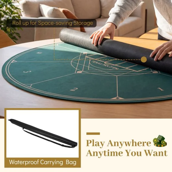 Round Poker Mat for Texas Hold'em 47” Portable Anti-Slip Rubber Base Table Layout