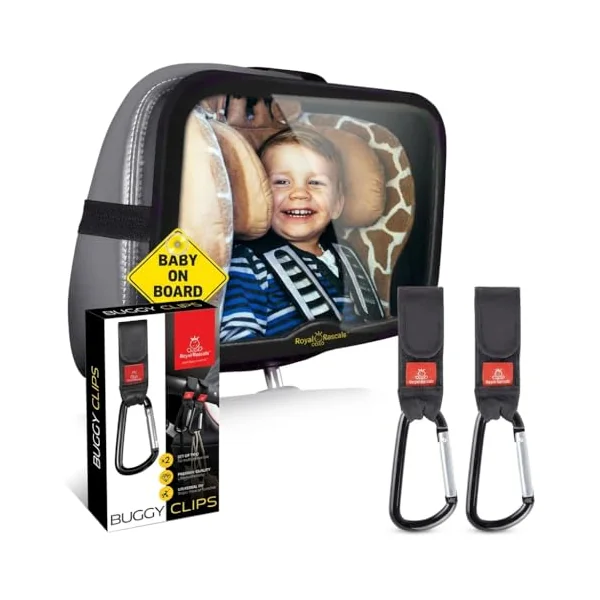 Royal Rascals Baby Car Mirror & Stroller Clips Bundle – Baby Car Mirror for Back Seat + Buggy Clips – New Born Baby Essentials & Baby Travel Essentials – Car Seat Mirror Rear Facing + Pram Hooks