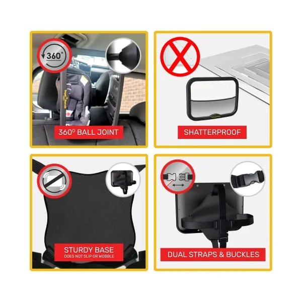 Royal Rascals Baby Car Mirror & Stroller Clips Bundle – Baby Car Mirror for Back Seat + Buggy Clips – New Born Baby Essentials & Baby Travel Essentials – Car Seat Mirror Rear Facing + Pram Hooks