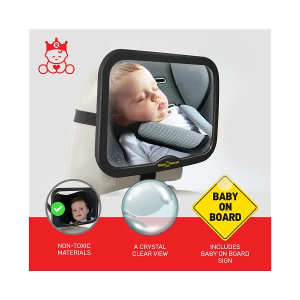Royal Rascals Baby Car Mirror & Stroller Clips Bundle – Baby Car Mirror for Back Seat + Buggy Clips – New Born Baby Essentials & Baby Travel Essentials – Car Seat Mirror Rear Facing + Pram Hooks