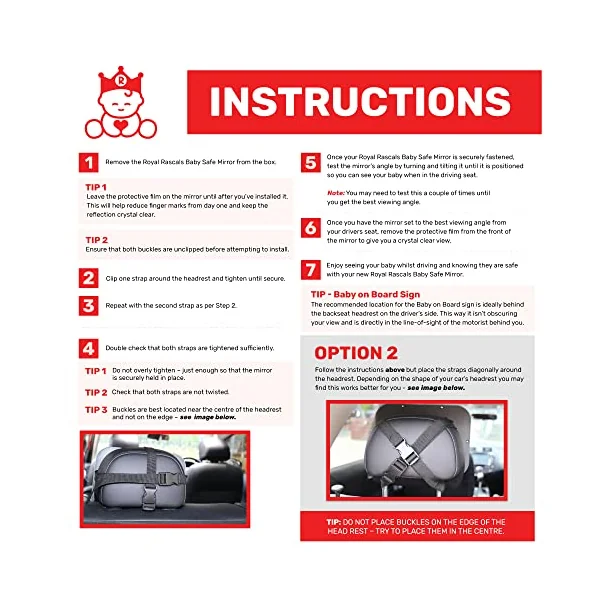 Royal Rascals Baby Car Mirror & Stroller Clips Bundle – Baby Car Mirror for Back Seat + Buggy Clips – New Born Baby Essentials & Baby Travel Essentials – Car Seat Mirror Rear Facing + Pram Hooks