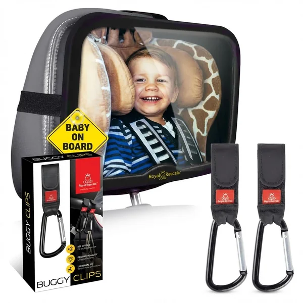 Royal Rascals Baby Car Mirror & Stroller Clips Bundle – Baby Car Mirror for Back Seat + Buggy Clips – New Born Baby Essentials & Baby Travel Essentials – Car Seat Mirror Rear Facing + Pram Hooks