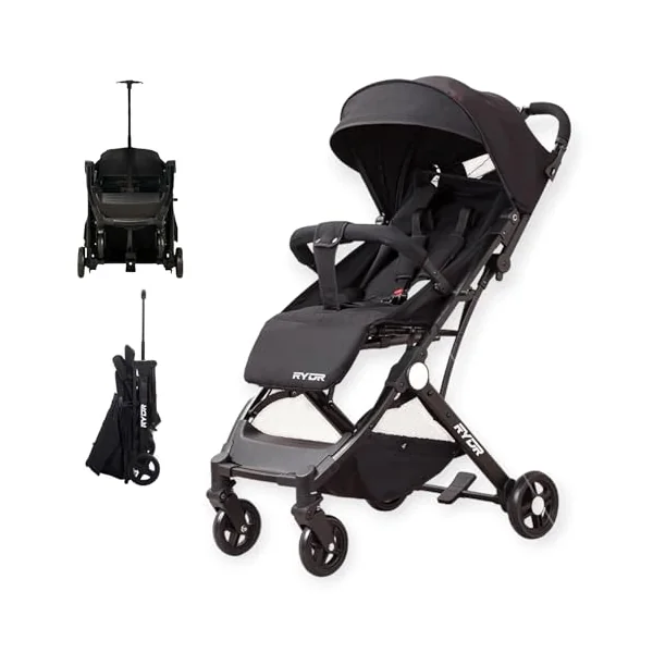 RYDR C8 Compact Travel Pushchair | Lightweight Baby Stroller/Pram/Buggy for 0–3 years/15kg | Easy One-Hand Fold, 5-Point Harness, Adjustable Back, Leg Rest and Canopy, Shopping Basket (Black)