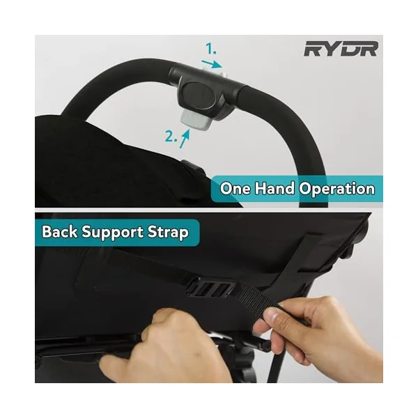 RYDR C8 Compact Travel Pushchair | Lightweight Baby Stroller/Pram/Buggy for 0–3 years/15kg | Easy One-Hand Fold, 5-Point Harness, Adjustable Back, Leg Rest and Canopy, Shopping Basket (Black)