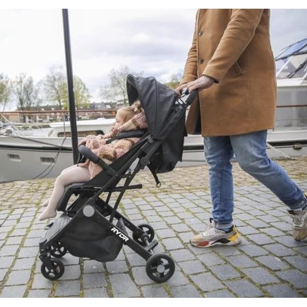 RYDR C8 Compact Travel Pushchair | Lightweight Baby Stroller/Pram/Buggy for 0–3 years/15kg | Easy One-Hand Fold, 5-Point Harness, Adjustable Back, Leg Rest and Canopy, Shopping Basket (Black)