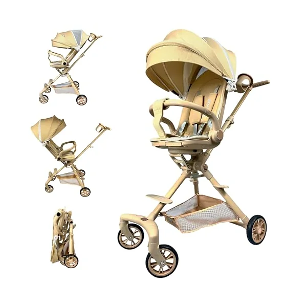 RYDR V3 Urban Lightweight Folding Baby Stroller Pushchair, Rotating Seat, 7kg Travel Buggy, 5 Point Harness, Adjustable Backrest, Compact Fold, Canopy & Storage Basket (Beige)