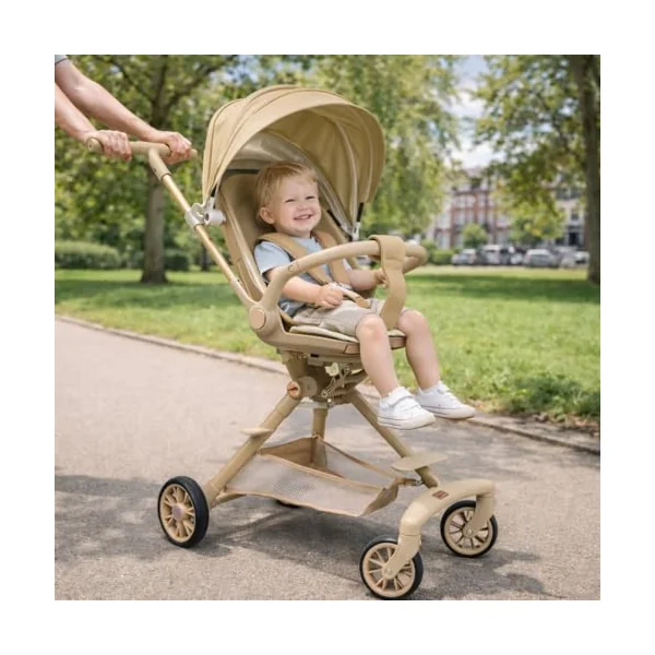 RYDR V3 Urban Lightweight Folding Baby Stroller Pushchair, Rotating Seat, 7kg Travel Buggy, 5 Point Harness, Adjustable Backrest, Compact Fold, Canopy & Storage Basket (Beige)