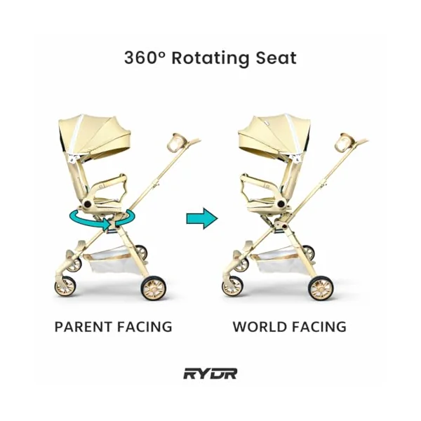 RYDR V3 Urban Lightweight Folding Baby Stroller Pushchair, Rotating Seat, 7kg Travel Buggy, 5 Point Harness, Adjustable Backrest, Compact Fold, Canopy & Storage Basket (Beige)