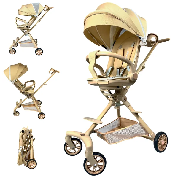 RYDR V3 Urban Lightweight Folding Baby Stroller Pushchair, Rotating Seat, 7kg Travel Buggy, 5 Point Harness, Adjustable Backrest, Compact Fold, Canopy & Storage Basket (Beige)