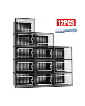 Set of 12 Stackable Shoe Storage Boxes - Clear Plastic Trainer Organiser