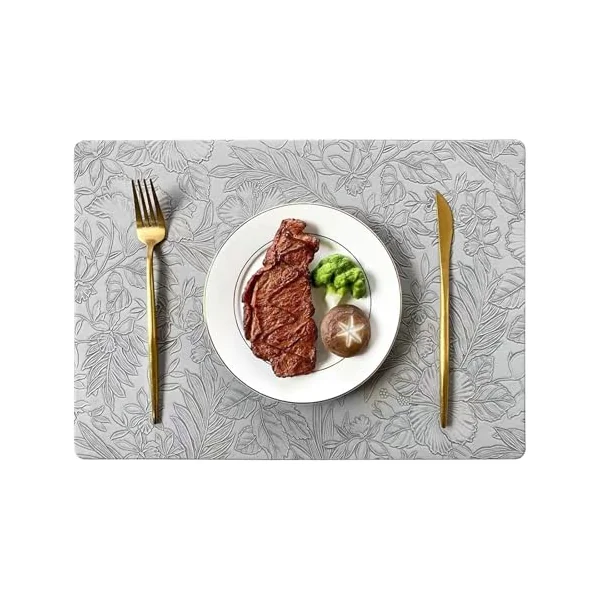 Set of 2 Place Mats Natural PU Leather Table Mats Flower Pattern Square Place Mat Washable Motif for Kitchen Hotel Light Grey 30 x 43 cm