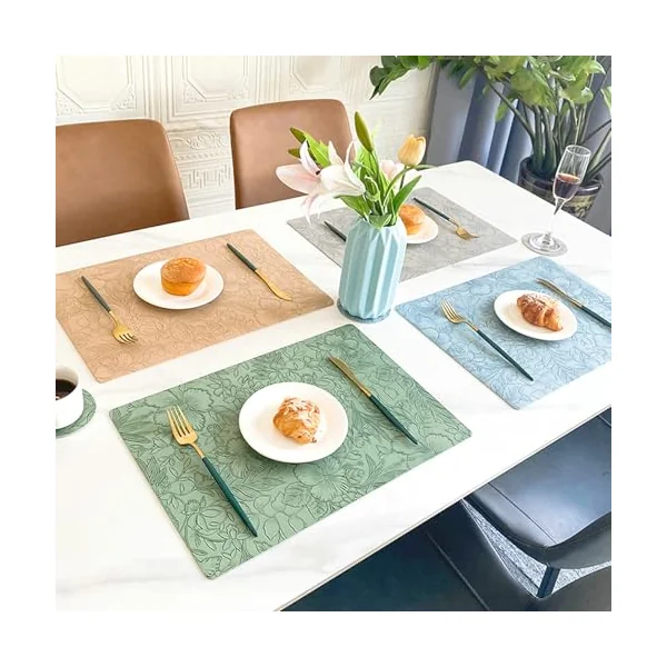 Set of 2 Place Mats Natural PU Leather Table Mats Flower Pattern Square Place Mat Washable Motif for Kitchen Hotel Light Grey 30 x 43 cm