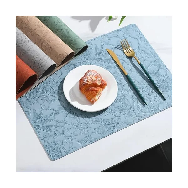 Set of 2 Place Mats Natural PU Leather Table Mats Flower Pattern Square Place Mat Washable Motif for Kitchen Hotel Light Grey 30 x 43 cm