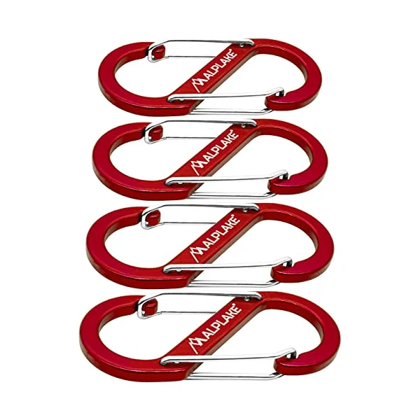 Set of 4 Material Carabiners, Double Carabiner, S-Shape 88 x 40 mm, Red