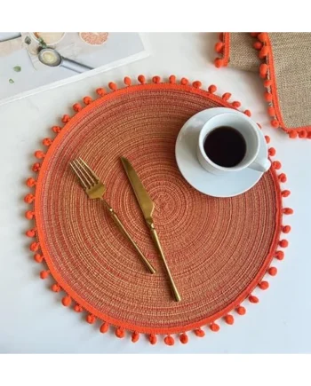 Set of 6 Placemats, Retro Vintage, Polyester Table Mat, Circle Woven Pattern with Ball, Round Place Mats, Washable Motif for Home, Orange, 38 cm