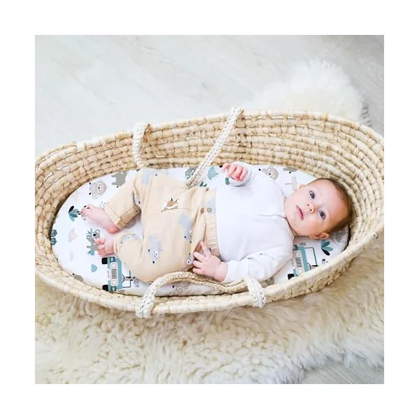 Sheet for Moses Basket Bassinet Crib and Fitted Set of 3: 55x90 cm - 2x Sheets + 1x Waterproof Mattress Protector Set Pram Bed Baby Cot Liner Cover Breathable 55 x 90