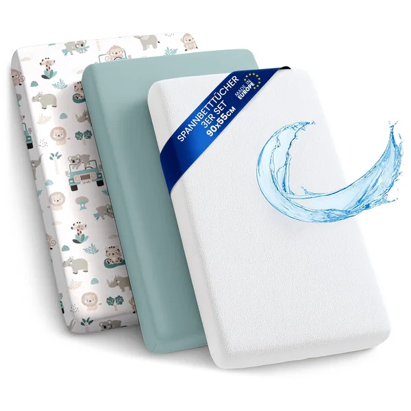 Sheet for Moses Basket Bassinet Crib and Fitted Set of 3: 55x90 cm - 2x Sheets + 1x Waterproof Mattress Protector Set Pram Bed Baby Cot Liner Cover Breathable 55 x 90