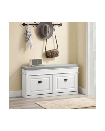 Shoe Cabinet Storage Bench Hallway Narrow Shoe Rack with Seat Cushion 2 Flip Doors, Vintage White,SoBuy FSR64-WG