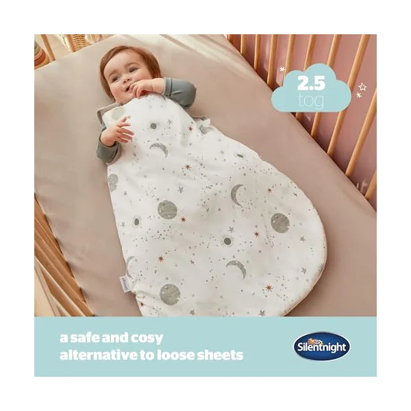 Silentnight Safe Nights Baby Sleep Bag 2.5 Tog Winter - Swaddle Wearable Blanket Sleeveless for 6-18 Months Breathable Soft Touch Cotton Jersey - 6-18 Months - Celestial
