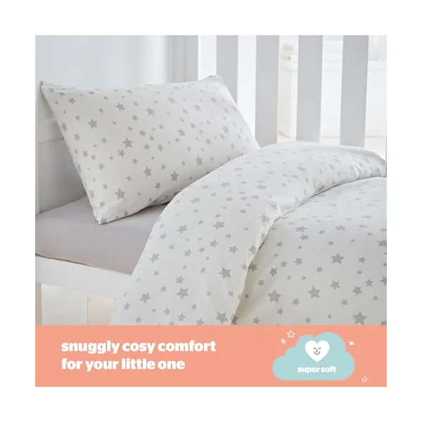 Silentnight Safe Nights Cot Bed Duvet Set - Breathable 100% Cotton Jersey - Super Soft Kind to Skin - Duvet Cover & Pillowcase for Toodler Child Junior Quilt - 150x120cm - Hypoallergenic, Grey Stars