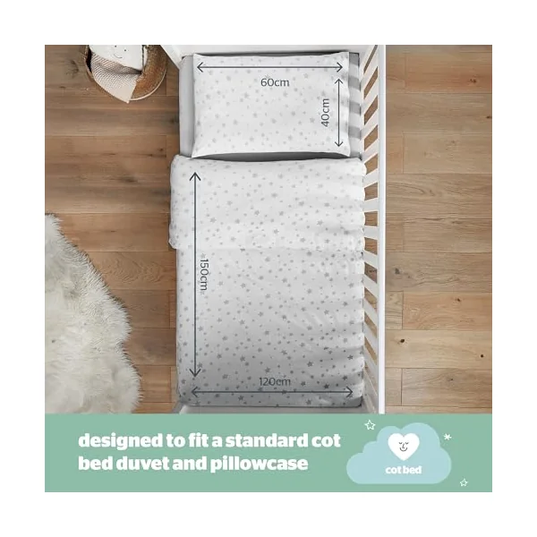 Silentnight Safe Nights Cot Bed Duvet Set - Breathable 100% Cotton Jersey - Super Soft Kind to Skin - Duvet Cover & Pillowcase for Toodler Child Junior Quilt - 150x120cm - Hypoallergenic, Grey Stars