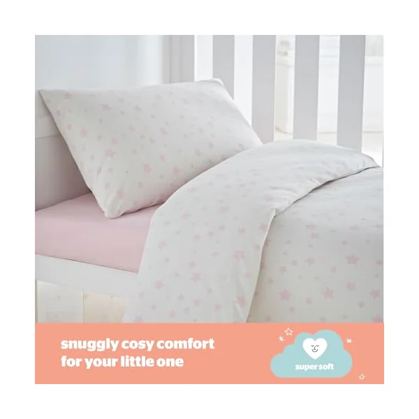 Silentnight Safe Nights Cot Bed Duvet Set - Breathable 100% Cotton Jersey - Super Soft Kind to Skin - Duvet Cover & Pillowcase for Toodler Child Junior Quilt - 150x120cm - Hypoallergenic, Pink Stars