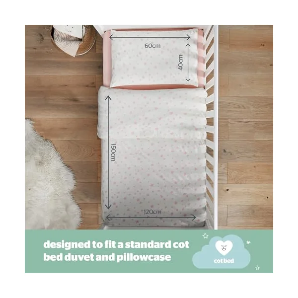 Silentnight Safe Nights Cot Bed Duvet Set - Breathable 100% Cotton Jersey - Super Soft Kind to Skin - Duvet Cover & Pillowcase for Toodler Child Junior Quilt - 150x120cm - Hypoallergenic, Pink Stars