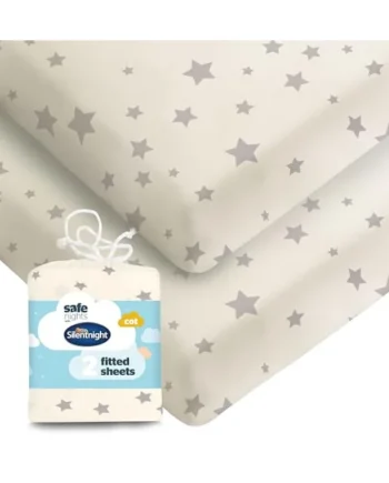 Silentnight Safe Nights Fitted Sheet - Cot Mattress - Breathable 100% Cotton Jersey - Super Soft Kind to Baby Skin - 120x60cm - Secure Fit with Elasticated Corners - 2 Pack, Grey Stars