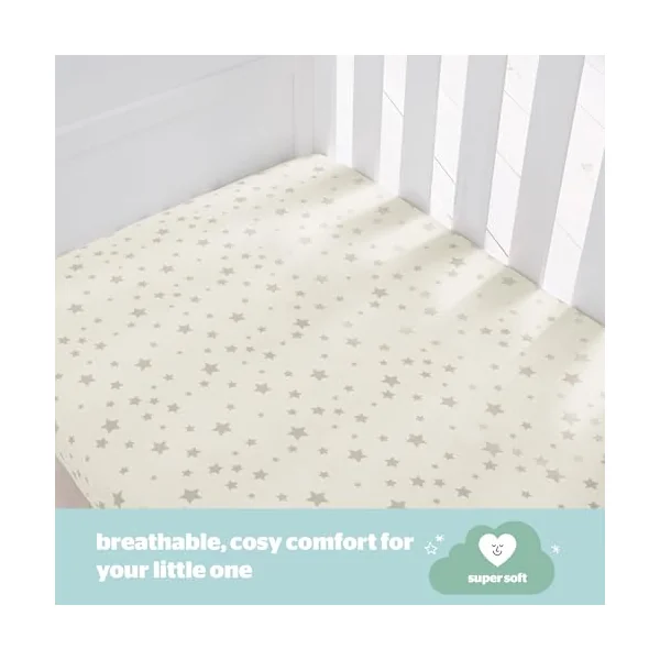 Silentnight Safe Nights Fitted Sheet - Cot Mattress - Breathable 100% Cotton Jersey - Super Soft Kind to Baby Skin - 120x60cm - Secure Fit with Elasticated Corners - 2 Pack, Grey Stars