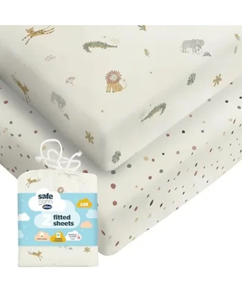 Silentnight Safe Nights Fitted Sheet - Cot Mattress - Breathable 100% Cotton Jersey - Super Soft Kind to Baby Skin - Secure Fit with Elasticated Corners - 2 Pack, Cot, Safari