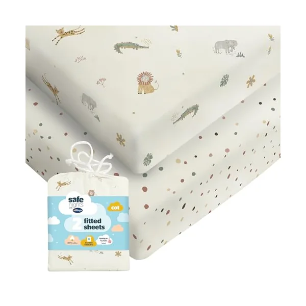 Silentnight Safe Nights Fitted Sheet - Cot Mattress - Breathable 100% Cotton Jersey - Super Soft Kind to Baby Skin - Secure Fit with Elasticated Corners - 2 Pack, Cot, Safari