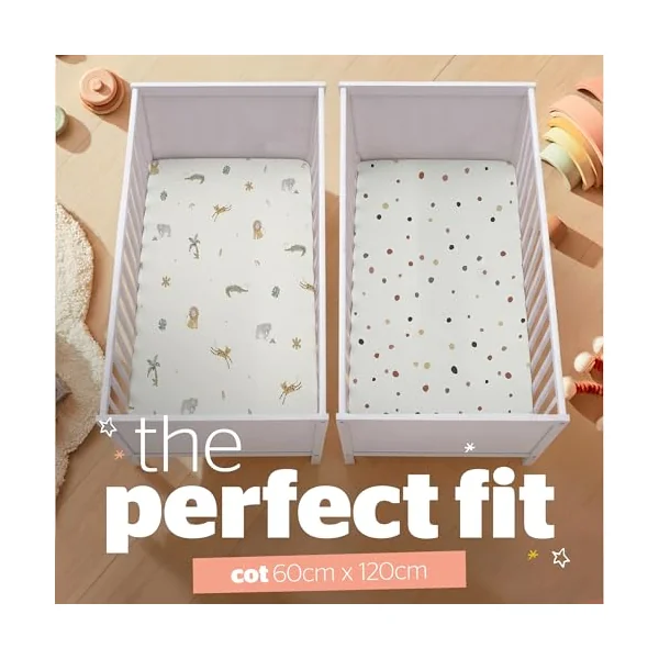 Silentnight Safe Nights Fitted Sheet - Cot Mattress - Breathable 100% Cotton Jersey - Super Soft Kind to Baby Skin - Secure Fit with Elasticated Corners - 2 Pack, Cot, Safari
