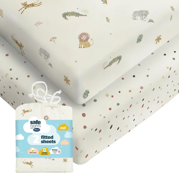 Silentnight Safe Nights Fitted Sheet - Cot Mattress - Breathable 100% Cotton Jersey - Super Soft Kind to Baby Skin - Secure Fit with Elasticated Corners - 2 Pack, Cot, Safari