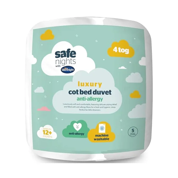 Silentnight Safe Nights Luxury Cot Bed Duvet 4 Tog - Anti Allergy Soft Breathable Snug Warm Nursery Junior Quilt for Children, Kids, Toddlers - Hypoallergenic and Machine Washable - 150x120cm