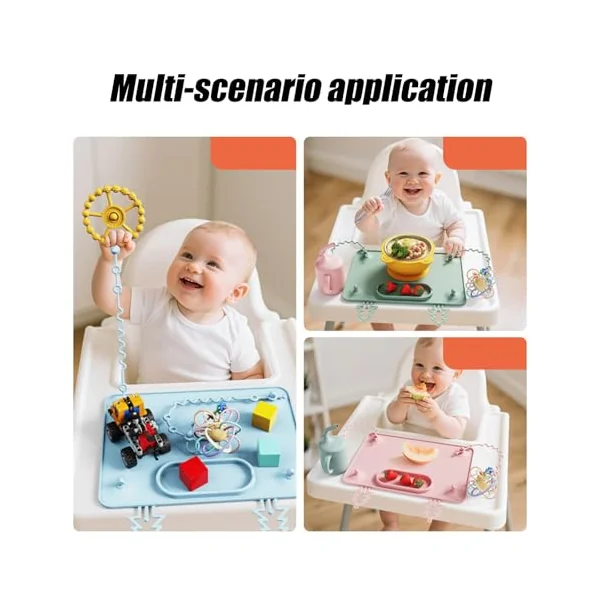 Silicone Baby Feeding Plate with Strap, Anti-Slip Toddler Placemat for Kids Dinner Tablemats Food Grade Baby Silicone Placemat with Strap
