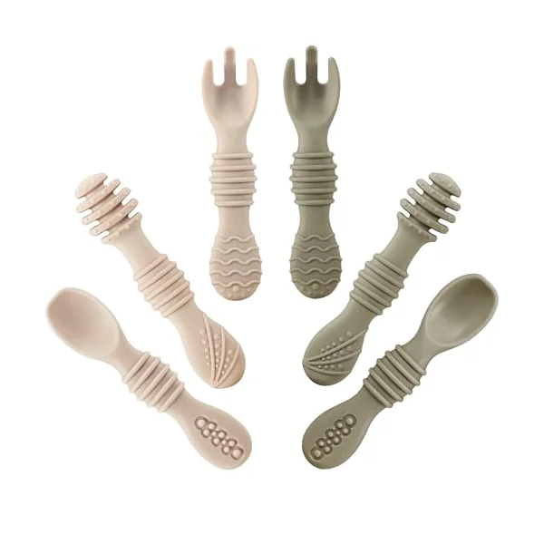Silicone Baby Spoons & Fork Feeding Set (6 Pack) | BPA Free Fist Stage Silicone Self Feeding Utensils for Infant Baby Led Weaning Ages 6 + Months