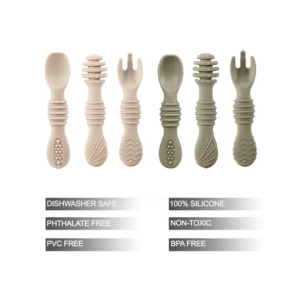 Silicone Baby Spoons & Fork Feeding Set (6 Pack) | BPA Free Fist Stage Silicone Self Feeding Utensils for Infant Baby Led Weaning Ages 6 + Months