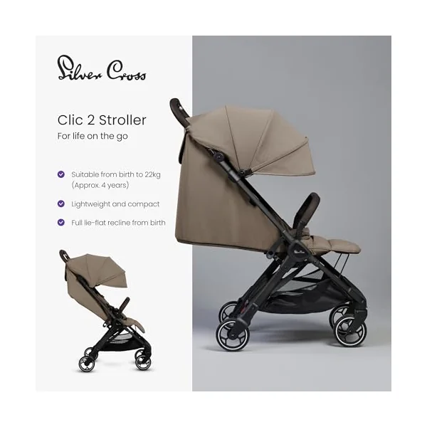 Silver Cross Clic 2 Compact Stroller & Travel Bag, Birth to 22kg, Cobble | For Life on the Go, Our Lightweight, Compact Everyday Stroller, One-Hand, Self-Standing Fold, Travel Bag Included