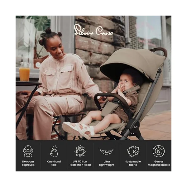 Silver Cross Clic 2 Compact Stroller & Travel Bag, Birth to 22kg, Cobble | For Life on the Go, Our Lightweight, Compact Everyday Stroller, One-Hand, Self-Standing Fold, Travel Bag Included