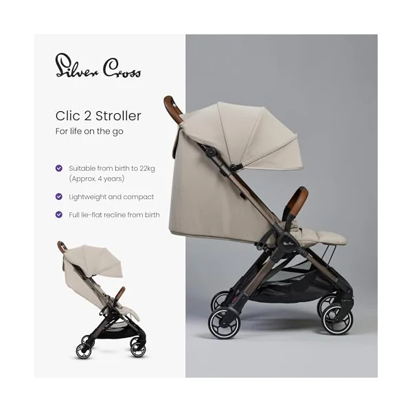 Silver Cross Clic 2 Compact Stroller & Travel Bag, Birth to 22kg, Latte | For Life on the Go, Our Lightweight, Compact Everyday Stroller, One-Hand, Self-Standing Fold, Travel Bag Included
