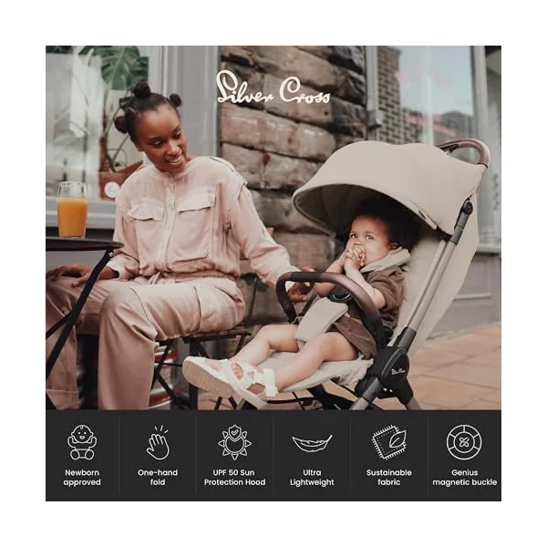 Silver Cross Clic 2 Compact Stroller & Travel Bag, Birth to 22kg, Latte | For Life on the Go, Our Lightweight, Compact Everyday Stroller, One-Hand, Self-Standing Fold, Travel Bag Included