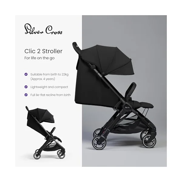 Silver Cross Clic 2 Compact Stroller & Travel Bag, Birth to 22kg, Space | For Life on the Go, Our Lightweight, Compact Everyday Stroller, One-Hand, Self-Standing Fold, Travel Bag Included