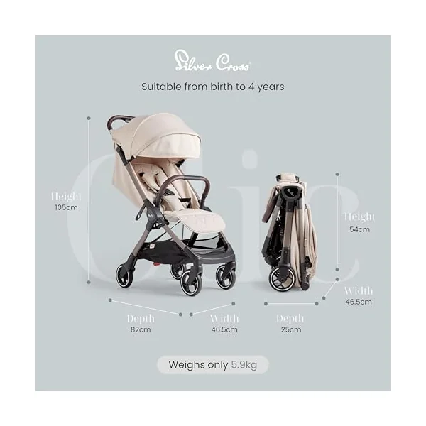 Silver Cross - Clic Compact Pushchair - Travel Stroller - Foldable & Lightweight Stroller - Cabin Size - Newborns to 4 years - Almond