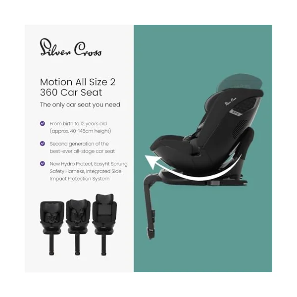 Silver Cross - Motion All Size 2 360 Car Seat - Newborn to 12 years - Isofix Car seat - 5 Point Safety Harness - 360 Rotation - Space